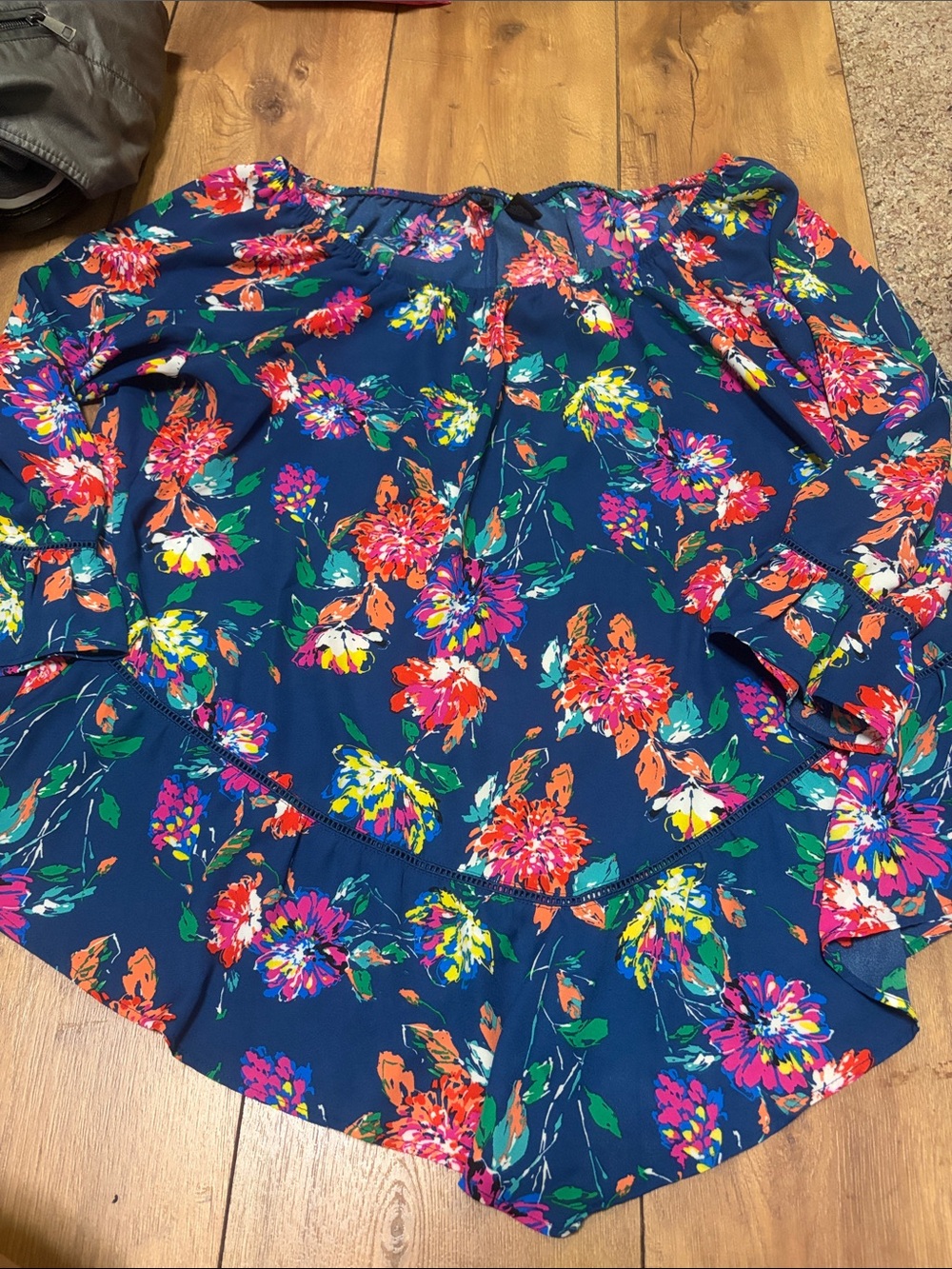 new directions Navy Floral Off-Shoulder Blouse with Bright Multicolor Blooms